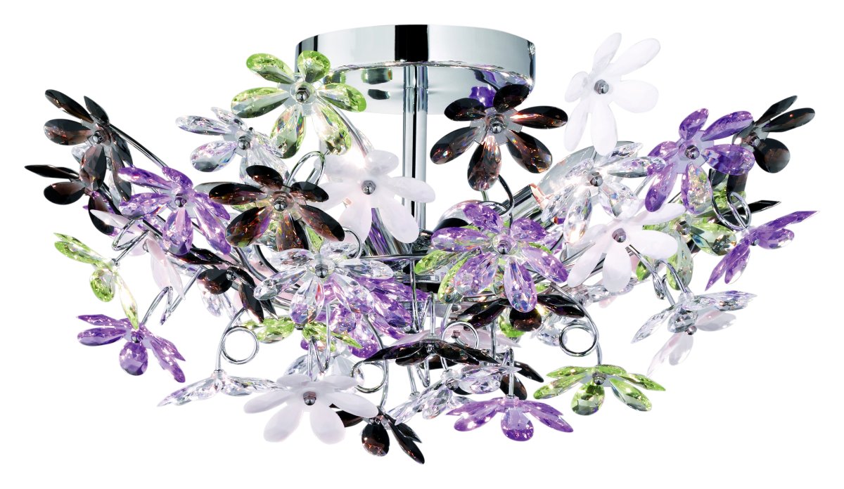 Flower Ø50 Mehrfarbig deckenleuchte Von Trio Lighting - Der verchromte Baldachin zusammen mit den klaren und bunten Acrylblumen verleihen der Lampe einen verspielten und dennoch eleganten Stil, der sich in verschiedene Innenumgebungen einf&uuml;gt.