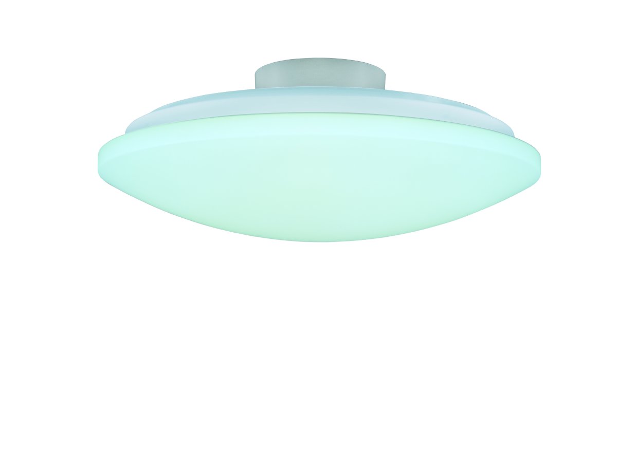 Prodo Ø50 Weiß deckenleuchte Von Trio Lighting - Die integrierte Beleuchtung ist dimmbar und die Farbtemperatur l&auml;sst sich mit der mitgelieferten Fernbedienung einstellen.