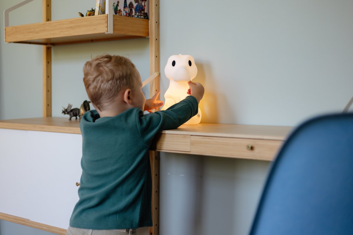 Rena First Light Weiß kinderlampe Von Mr Maria - Rena hat die Form eines s&uuml;&szlig;en und freundlichen Tyrannosaurus Rex und ist eine sichere Begleiterin beim n&auml;chtlichen F&uuml;ttern, beim Vorlesen von Gutenachtgeschichten und beim Tr&auml;umen.
