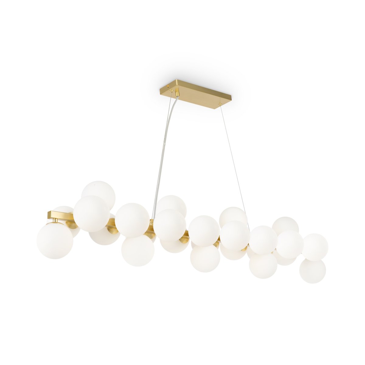 Dallas 123cm Gold hängelampe Von Maytoni - Ihr einzigartiges Design mit runden Glaskuppeln in verschiedenen Richtungen erzeugt ein dramatisches und elegantes Lichtspiel, das den Raum mit Wärme und Charakter erfüllt.