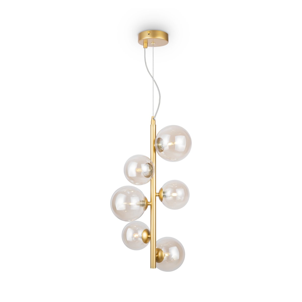 Dallas Ø30 Gold hängelampe Von Maytoni - Ihr einzigartiges Design mit runden Glaskuppeln in verschiedenen Richtungen erzeugt ein dramatisches und elegantes Lichtspiel, das den Raum mit Wärme und Charakter erfüllt.