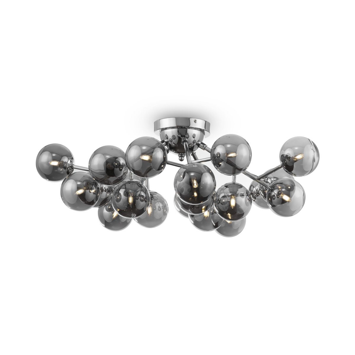 Dallas 20 Chrom deckenleuchte Von Maytoni - Ihr einzigartiges Design mit runden Glaskuppeln in verschiedenen Richtungen erzeugt ein dramatisches und elegantes Lichtspiel, das den Raum mit Wärme und Charakter erfüllt.