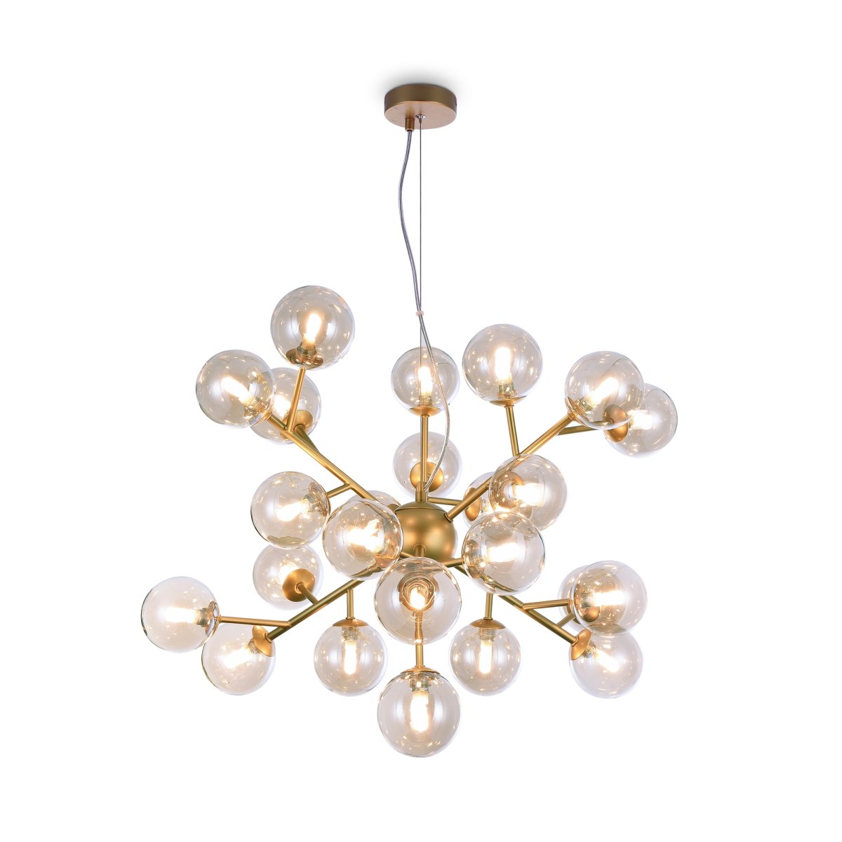 Dallas Ø65 Gold hängelampe Von Maytoni - Ihr einzigartiges Design mit runden Glaskuppeln in verschiedenen Richtungen erzeugt ein dramatisches und elegantes Lichtspiel, das den Raum mit Wärme und Charakter erfüllt.
