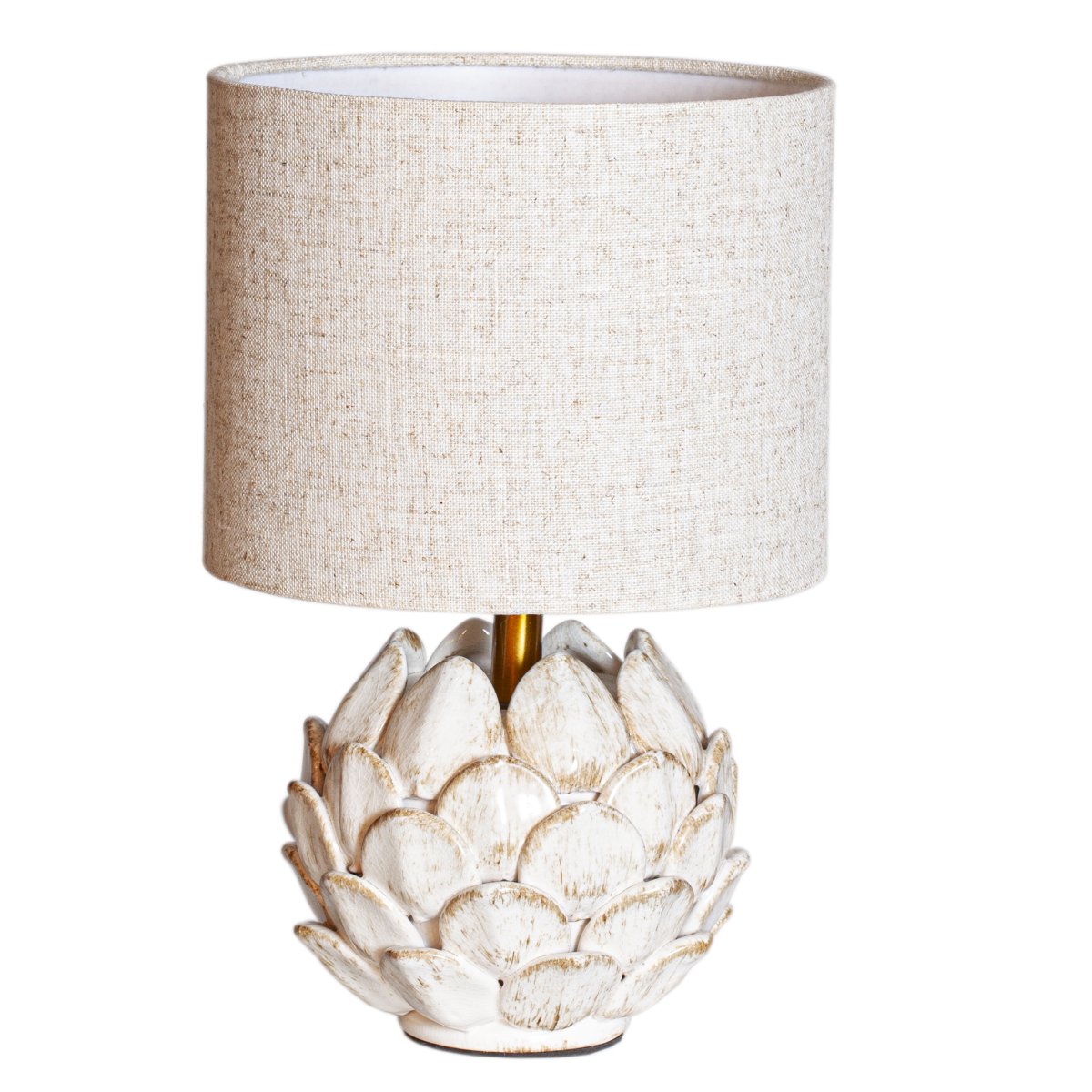 Rosanna 30cm Beige tischlampe Von Cottex - Der Keramik-Lampenfuß in rustikalem Weiß trägt in Kombination mit dem beigen Leinenschirm zu einer harmonischen Atmosphäre im Raum bei.
