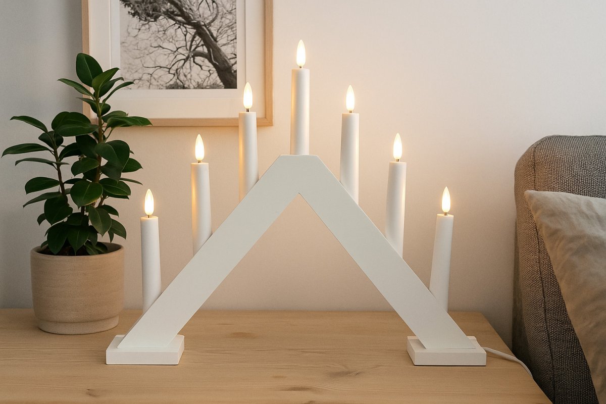 Sara Weiß Von Pixie Design - Sara ist ein klassischer Kerzenst&auml;nder mit sieben Armen aus Holz.