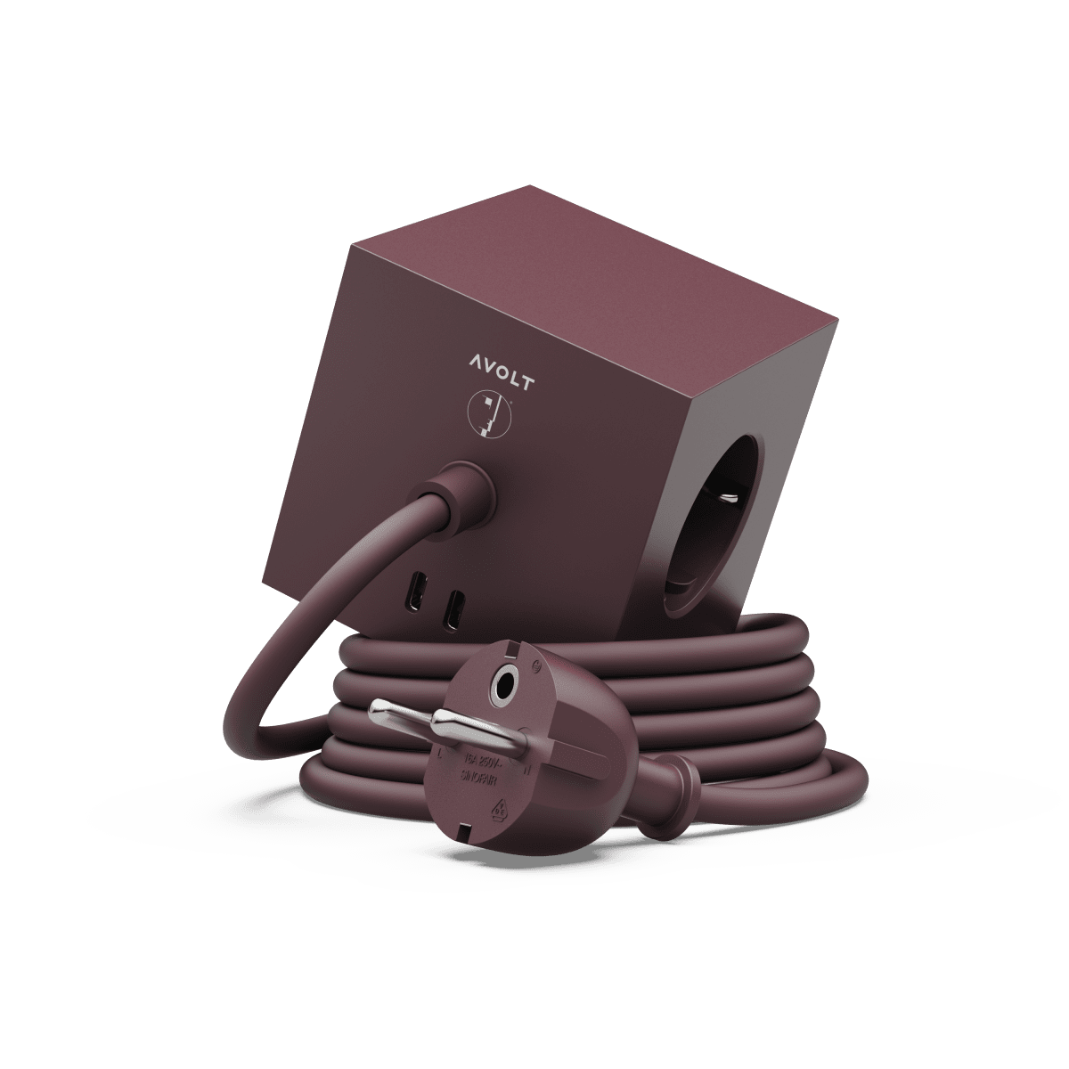 Zoombild von Square 1 with 30W Dual USBC & Magnetic base, 1.8m Burgund Von Avolt - Der Switch von Avolt besticht durch sein stilvolles Design mit langem PVC-Kabel, einem Geh&auml;use aus recyceltem Kunststoff und einer Magnetplatte zur Wandmontage.