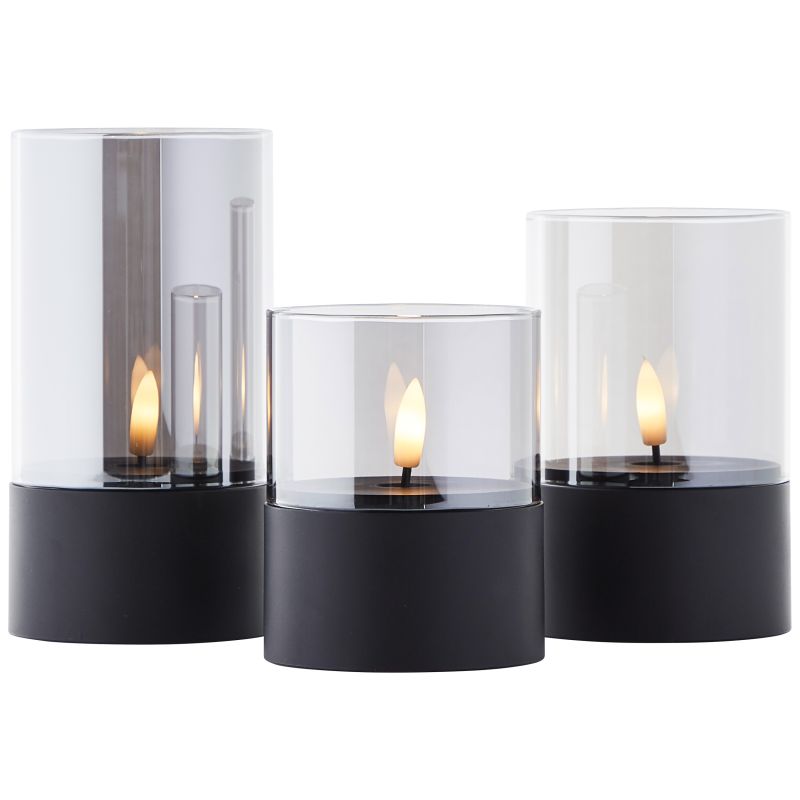 Bougie 3er-Pack Schwarz/Rauchig Von Brilliant - Die Lampen haben einen Docht, der nat&uuml;rliches flackerndes Licht mit einer warmen Farbtemperatur von 2500 K imitiert.