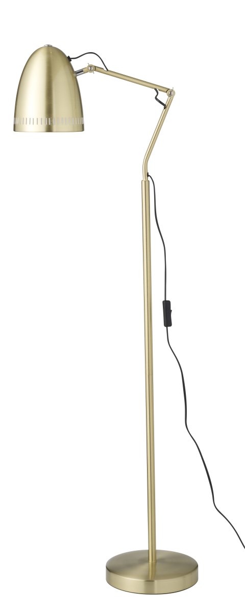 Dynamo 1 Gebürstetes Messing stehlampe Von Superliving - Der klassische Schirm mit dekorativen L&ouml;chern sorgt f&uuml;r eine angenehme Lichtverteilung, w&auml;hrend die Arme mit zwei Fl&uuml;gelschrauben die Ausrichtung und Fixierung der Leuchte in der gew&uuml;nschten Position erleichtern.