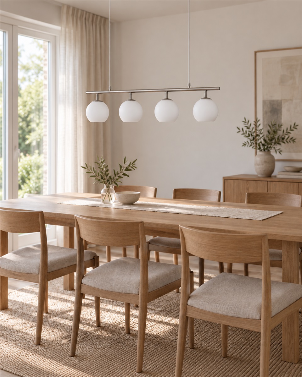 Globi 4 78cm Nickel hängelampe Von Nordic Lighting - Die Metallaufh&auml;ngung in mattem Nickel-Finish verleiht ihr eine elegante und grafische Note, w&auml;hrend die vier runden Opalglaskuppeln ein angenehmes und gleichm&auml;&szlig;iges Licht im Raum verbreiten.
