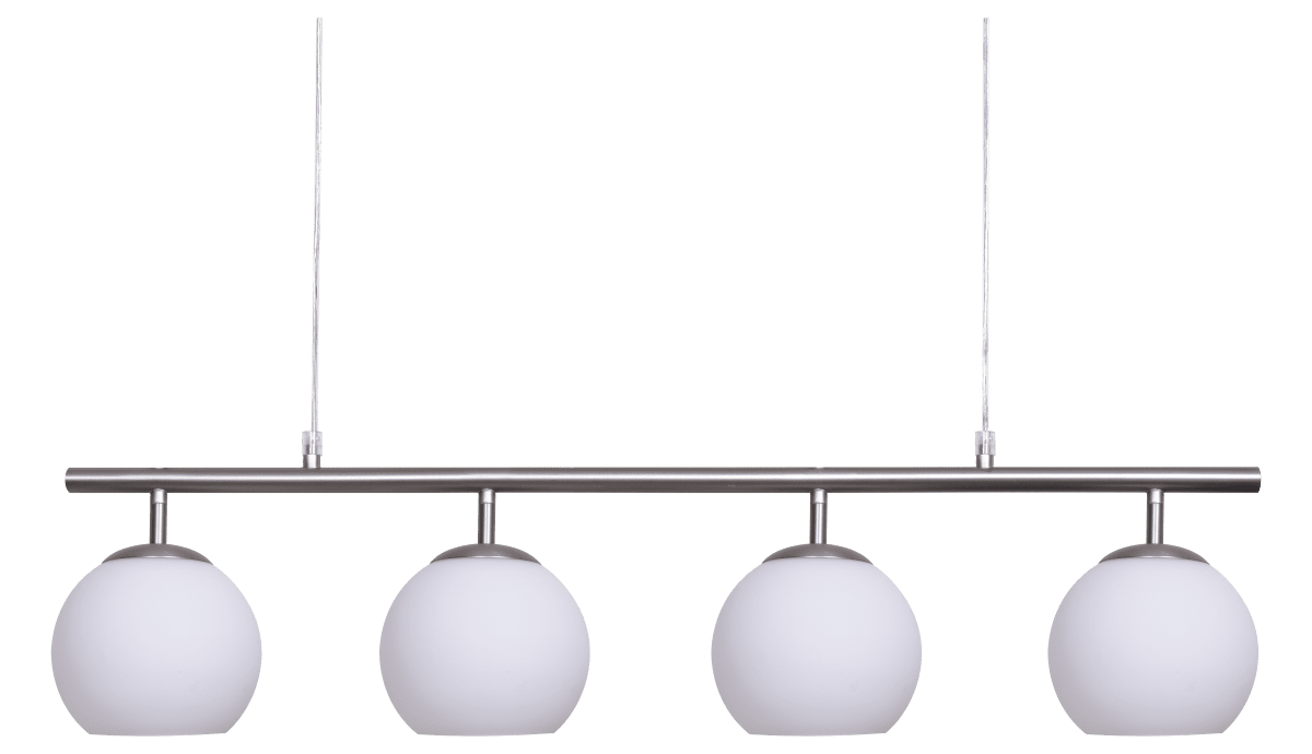 Globi 4 78cm Nickel hängelampe Von Nordic Lighting - Die Metallaufh&auml;ngung in mattem Nickel-Finish verleiht ihr eine elegante und grafische Note, w&auml;hrend die vier runden Opalglaskuppeln ein angenehmes und gleichm&auml;&szlig;iges Licht im Raum verbreiten.