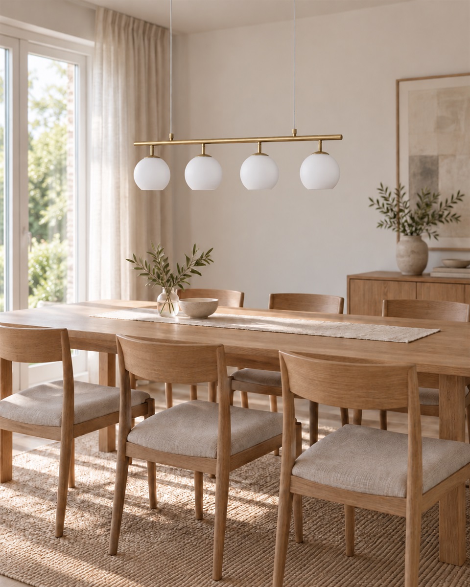 Globi 4 78cm Gebürstetes Messing/Weiß hängelampe Von Nordic Lighting - Die Metallaufhängung in gebürsteter Messingoptik verleiht ihr eine elegante und grafische Note, während die vier runden Opalglaskuppeln ein angenehmes und gleichmäßiges Licht im Raum verbreiten.