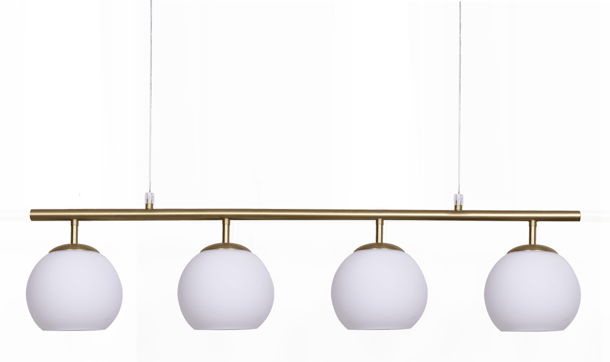 Globi 4 78cm Gebürstetes Messing/Weiß hängelampe Von Nordic Lighting - Die Metallaufhängung in gebürsteter Messingoptik verleiht ihr eine elegante und grafische Note, während die vier runden Opalglaskuppeln ein angenehmes und gleichmäßiges Licht im Raum verbreiten.