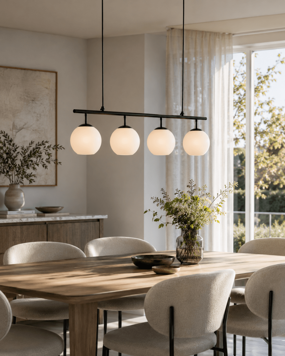 Globi 4 78cm Schwarzweiß hängelampe Von Nordic Lighting - Die schwarze Metallaufh&auml;ngung verleiht ihr eine elegante und grafische Note, w&auml;hrend die vier runden Opalglaskuppeln ein angenehmes und gleichm&auml;&szlig;iges Licht im Raum verbreiten.