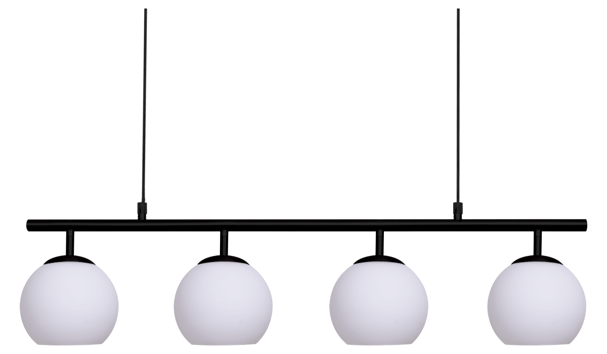 Globi 4 78cm Schwarzweiß hängelampe Von Nordic Lighting - Die schwarze Metallaufhängung verleiht ihr eine elegante und grafische Note, während die vier runden Opalglaskuppeln ein angenehmes und gleichmäßiges Licht im Raum verbreiten.