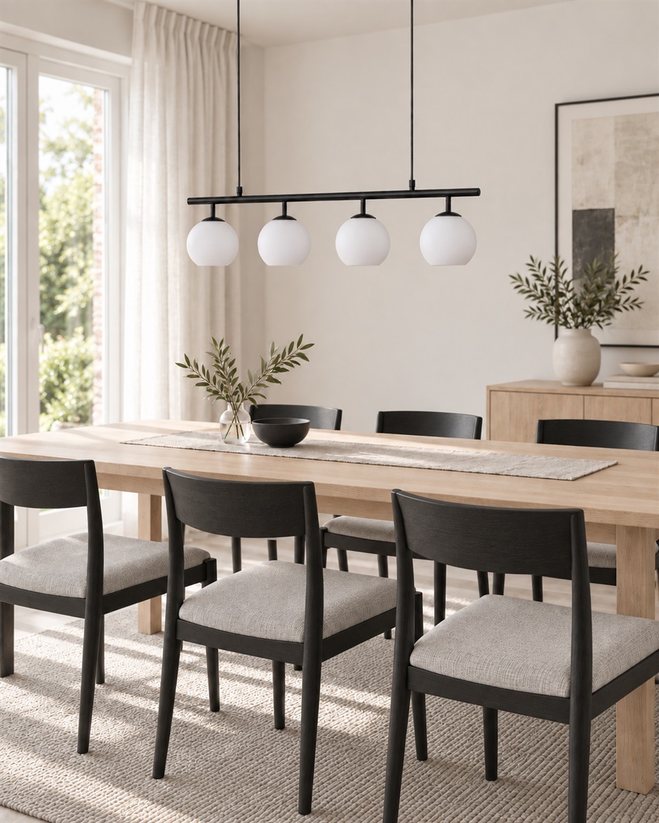 Globi 4 78cm Schwarzweiß hängelampe Von Nordic Lighting - Die schwarze Metallaufhängung verleiht ihr eine elegante und grafische Note, während die vier runden Opalglaskuppeln ein angenehmes und gleichmäßiges Licht im Raum verbreiten.
