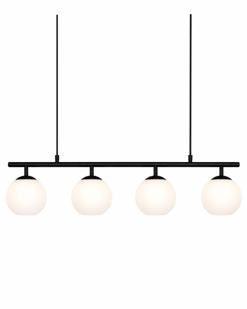 Globi 4 78cm Schwarzweiß hängelampe Von Nordic Lighting - Die schwarze Metallaufhängung verleiht ihr eine elegante und grafische Note, während die vier runden Opalglaskuppeln ein angenehmes und gleichmäßiges Licht im Raum verbreiten.
