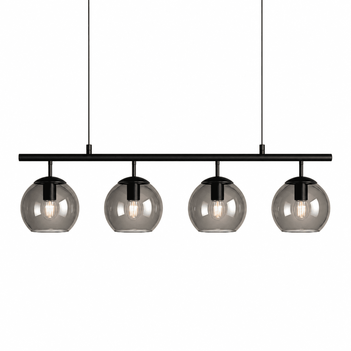 Globi 4 78cm Schwarz/Rauchig hängelampe Von Nordic Lighting - Die schwarze Metallaufh&auml;ngung verleiht ihr eine elegante und grafische Note, w&auml;hrend die vier runden Kuppeln aus Rauchglas ein angenehmes und gleichm&auml;&szlig;iges Licht im Raum verbreiten.