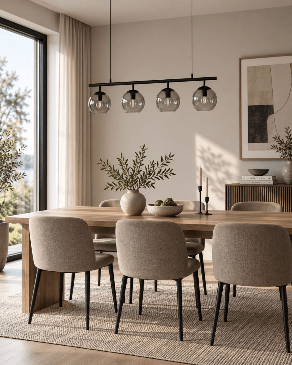 Globi 4 78cm Schwarz/Rauchig hängelampe Von Nordic Lighting - Die schwarze Metallaufh&auml;ngung verleiht ihr eine elegante und grafische Note, w&auml;hrend die vier runden Kuppeln aus Rauchglas ein angenehmes und gleichm&auml;&szlig;iges Licht im Raum verbreiten.