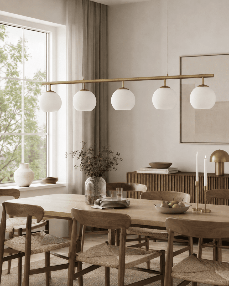 Globi 5 120cm Gebürstetes Messing/Weiß hängelampe Von Nordic Lighting - Die Metallaufh&auml;ngung in geb&uuml;rstetem Messing verleiht ihr eine elegante und grafische Note, w&auml;hrend die f&uuml;nf runden Opalglaskuppeln ein angenehmes und gleichm&auml;&szlig;iges Licht im Raum verbreiten.