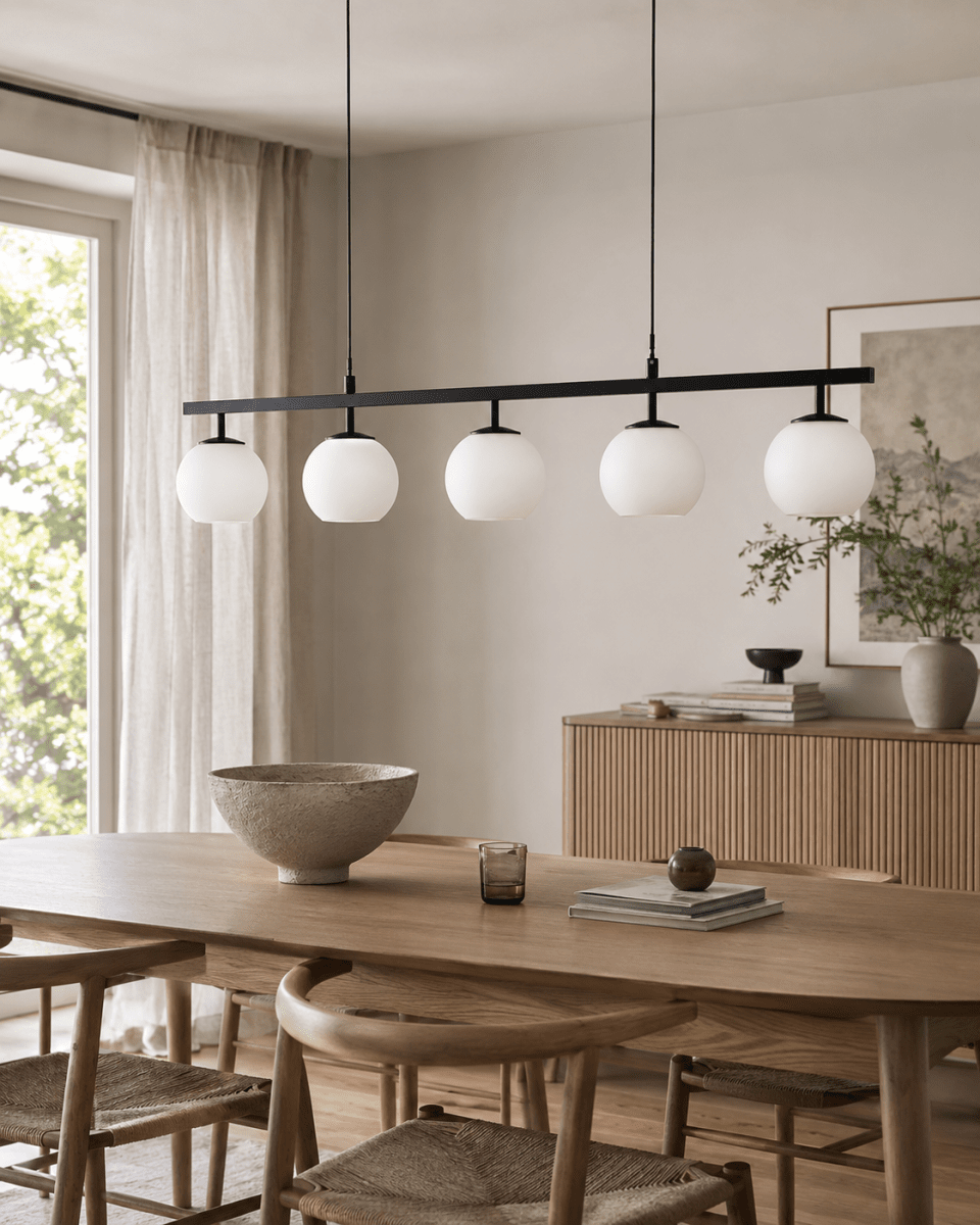 Globi 5 120cm Schwarzweiß hängelampe Von Nordic Lighting - Die schwarze Metallaufh&auml;ngung verleiht ihr eine elegante und grafische Note, w&auml;hrend die f&uuml;nf runden Opalglaskuppeln ein angenehmes und gleichm&auml;&szlig;iges Licht im Raum verbreiten.