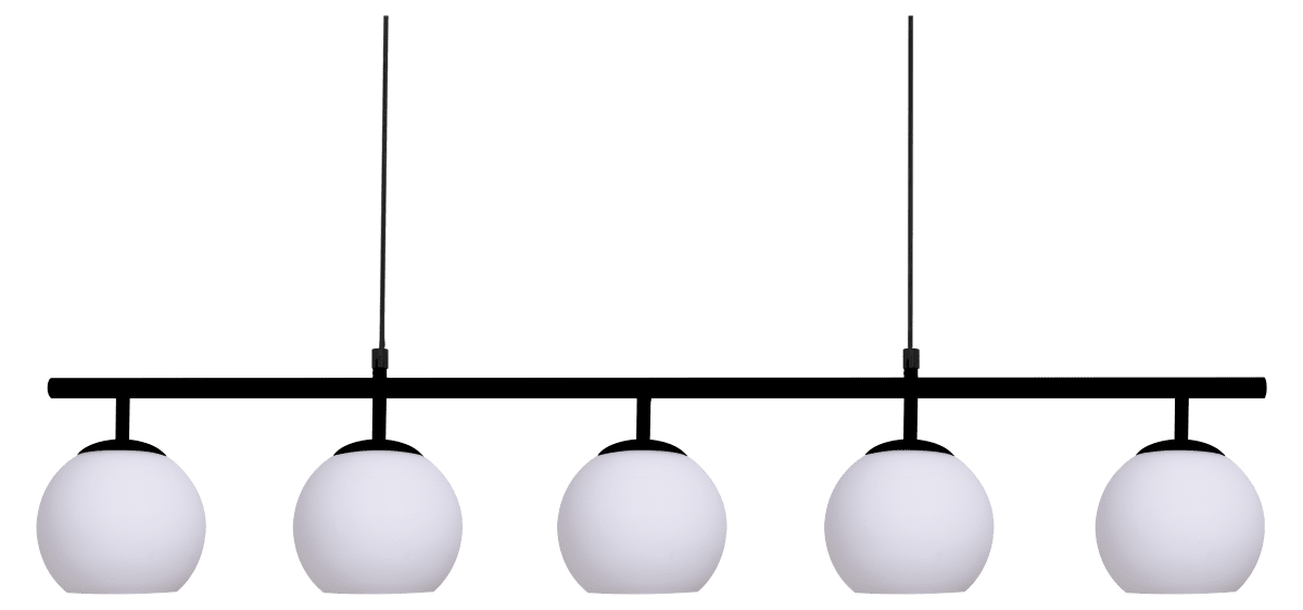 Globi 5 120cm Schwarzweiß hängelampe Von Nordic Lighting - Die schwarze Metallaufh&auml;ngung verleiht ihr eine elegante und grafische Note, w&auml;hrend die f&uuml;nf runden Opalglaskuppeln ein angenehmes und gleichm&auml;&szlig;iges Licht im Raum verbreiten.