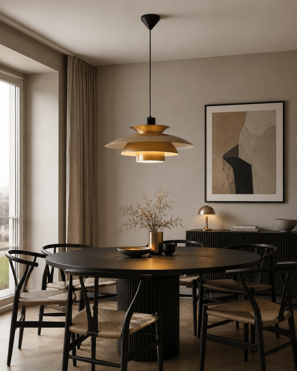 Stealth 2 Ø50 Gold hängelampe Von Nordic Lighting - Sie eignet sich perfekt f&uuml;r die Platzierung &uuml;ber dem Esstisch oder im Wohnzimmer und vereint Funktion und Stil auf ideale Weise.