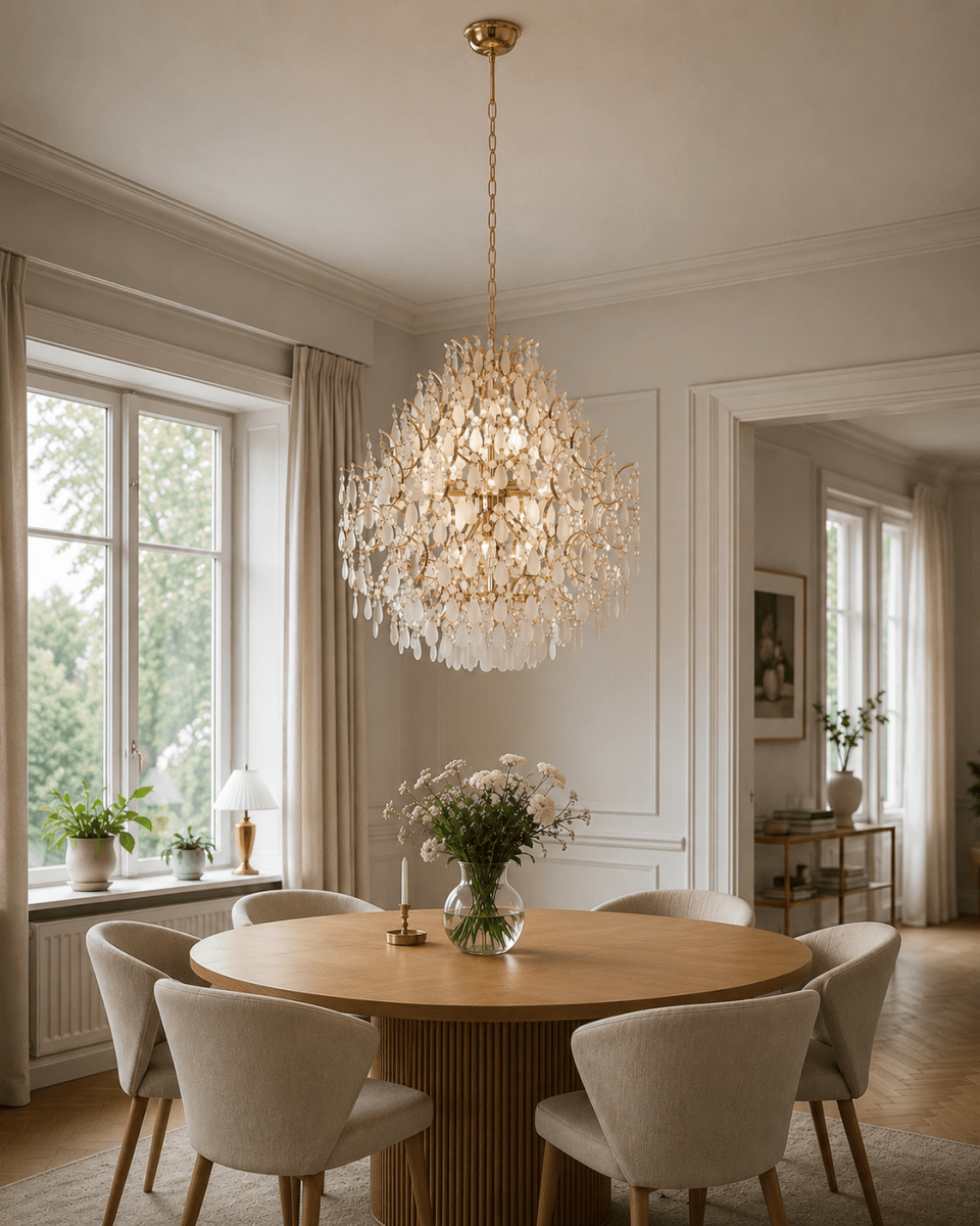 Palais Ø58 Gold kristall Von Lampan - Die Leuchte ist mit mattierten Prismen bedeckt, die f&uuml;r ein sanftes, vertr&auml;umtes Lichtspiel sorgen und eine exklusive Atmosph&auml;re im Raum schaffen.