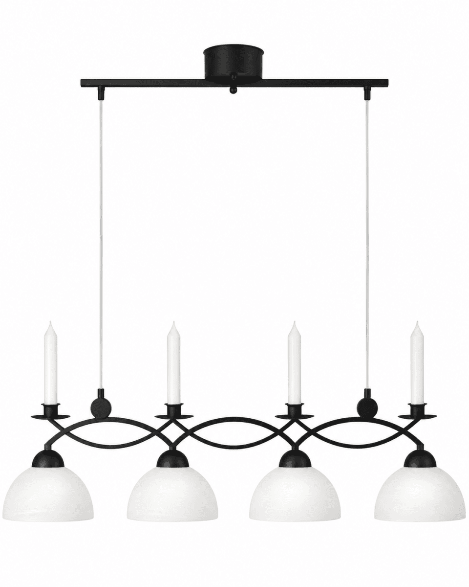 Zoombild von Florens 90cm Schwarz hängelampe Von Cottex - Die Deckenleuchte Floren aus Metall und weißem Glas vereint Eleganz und Funktionalität mit Platz für vier Leuchten und verleiht Ihrem Zuhause eine klassische Note.