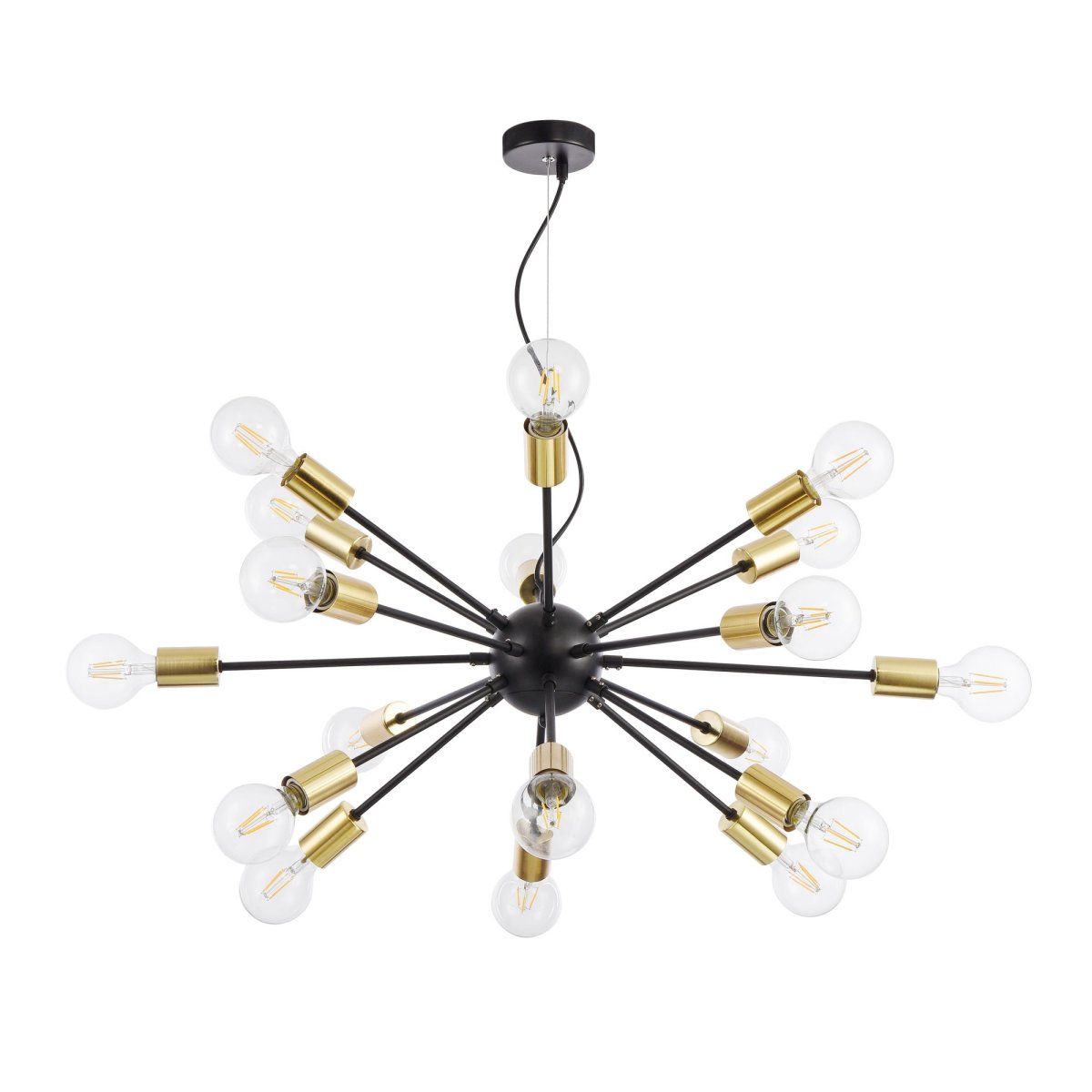 Jackson Ø98 Schwarz hängelampe Von Maytoni - Mit ihren 18 Armen, die mit großen freiliegenden Lichtquellen geschmückt sind, erzeugt die Lampe einen dramatischen und dynamischen Ausdruck im Raum.