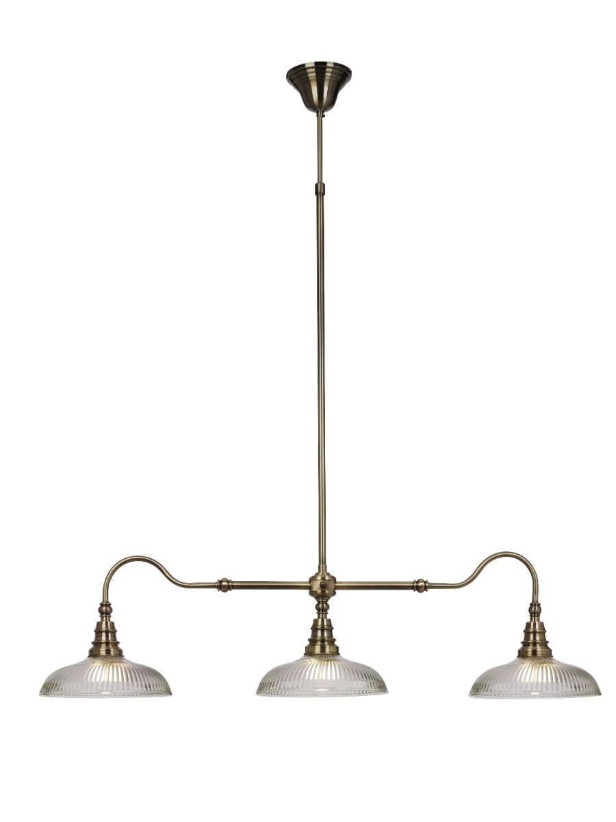 Snooker 107cm Antiquität hängelampe Von Cottex - Die Deckenleuchte Snooker aus Metall mit antikem Messing und klarem Glas mit gerippter Struktur ist eine stilvolle und elegante Leuchte, die die Atmosph&auml;re in jedem Raum verbessert.
