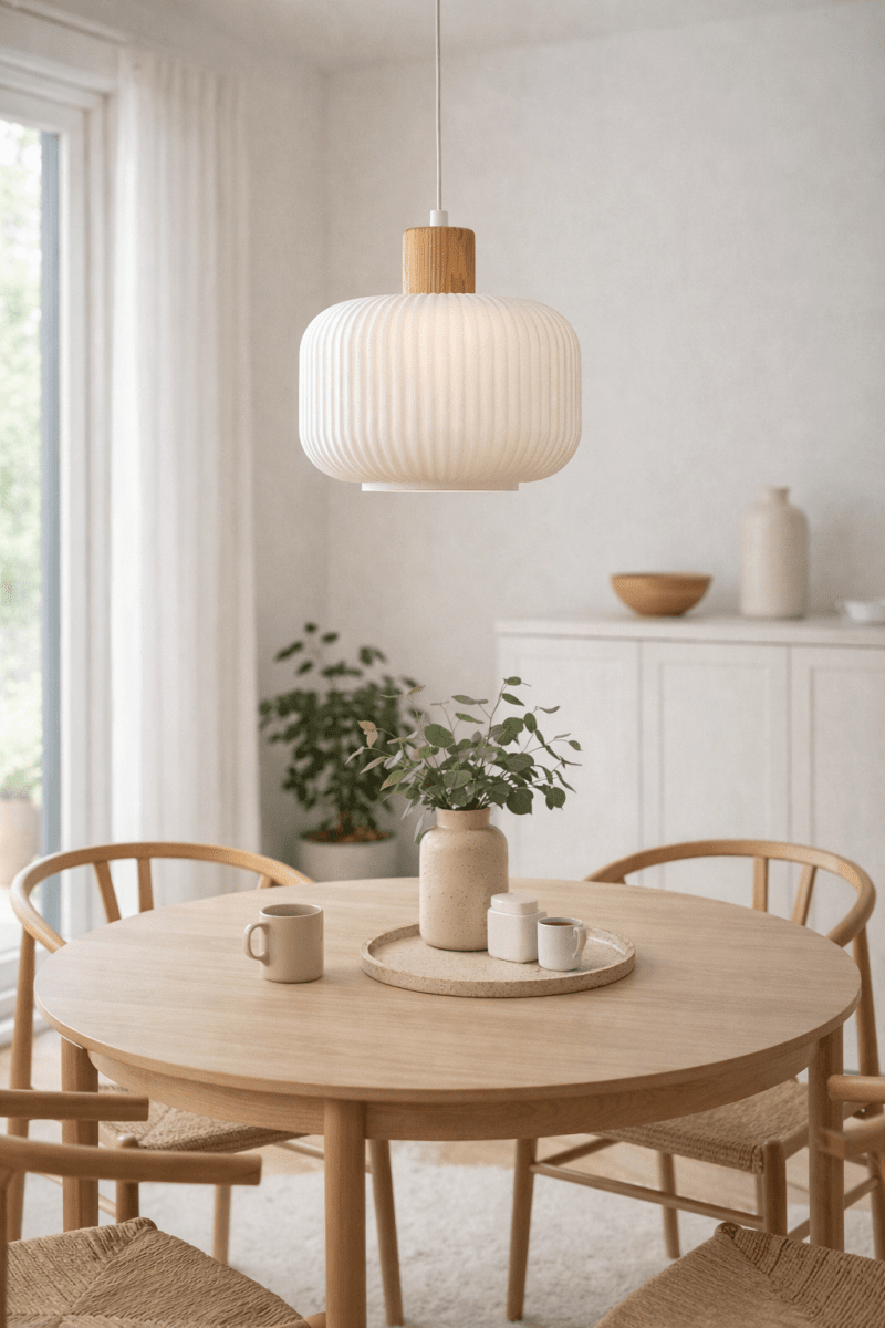 Ekerum Ø30 Weiß hängelampe Von Nordic Lighting - Die Aufh&auml;ngung in Holzoptik sorgt f&uuml;r eine warme und harmonische Atmosph&auml;re, die sich in viele verschiedene Einrichtungsstile einf&uuml;gt.