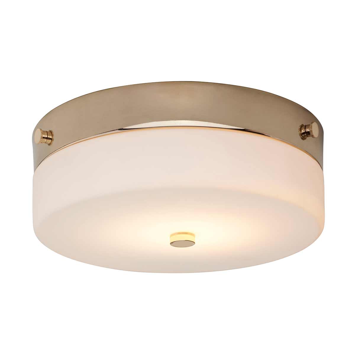 Tamar Ø24 Poliertes Gold badezimmerlampe Von Elstead Lighting - Die Deckenleuchte Tamar in poliertem Gold ist eine stilvolle und funktionale Beleuchtungslösung, die dank der Schutzart IP44 perfekt für Badezimmer geeignet ist, sich aber auch für Flure und Räume mit niedrigen Decken eignet.