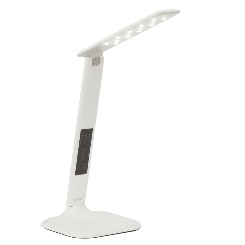 Glenn 55cm Weiß schreibtischlampe Von Brilliant - Die Leuchte verfügt über einen USB-Anschluss zum Aufladen und eine Uhr mit Alarm-, Datums- und Temperaturanzeige.