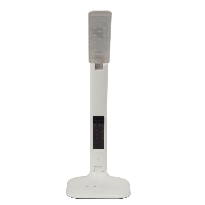 Glenn 55cm Weiß schreibtischlampe Von Brilliant - Die Leuchte verfügt über einen USB-Anschluss zum Aufladen und eine Uhr mit Alarm-, Datums- und Temperaturanzeige.