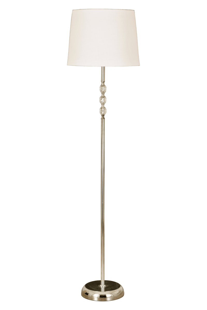Johanna Chrom stehlampe Von Aneta Lighting - Die Stehleuchte Johanna ist ein echter Klassiker aus verchromtem Metall mit Prismen-Dekorkn&ouml;pfen aus feinstem Acryl und einem wei&szlig;en Textilschirm.