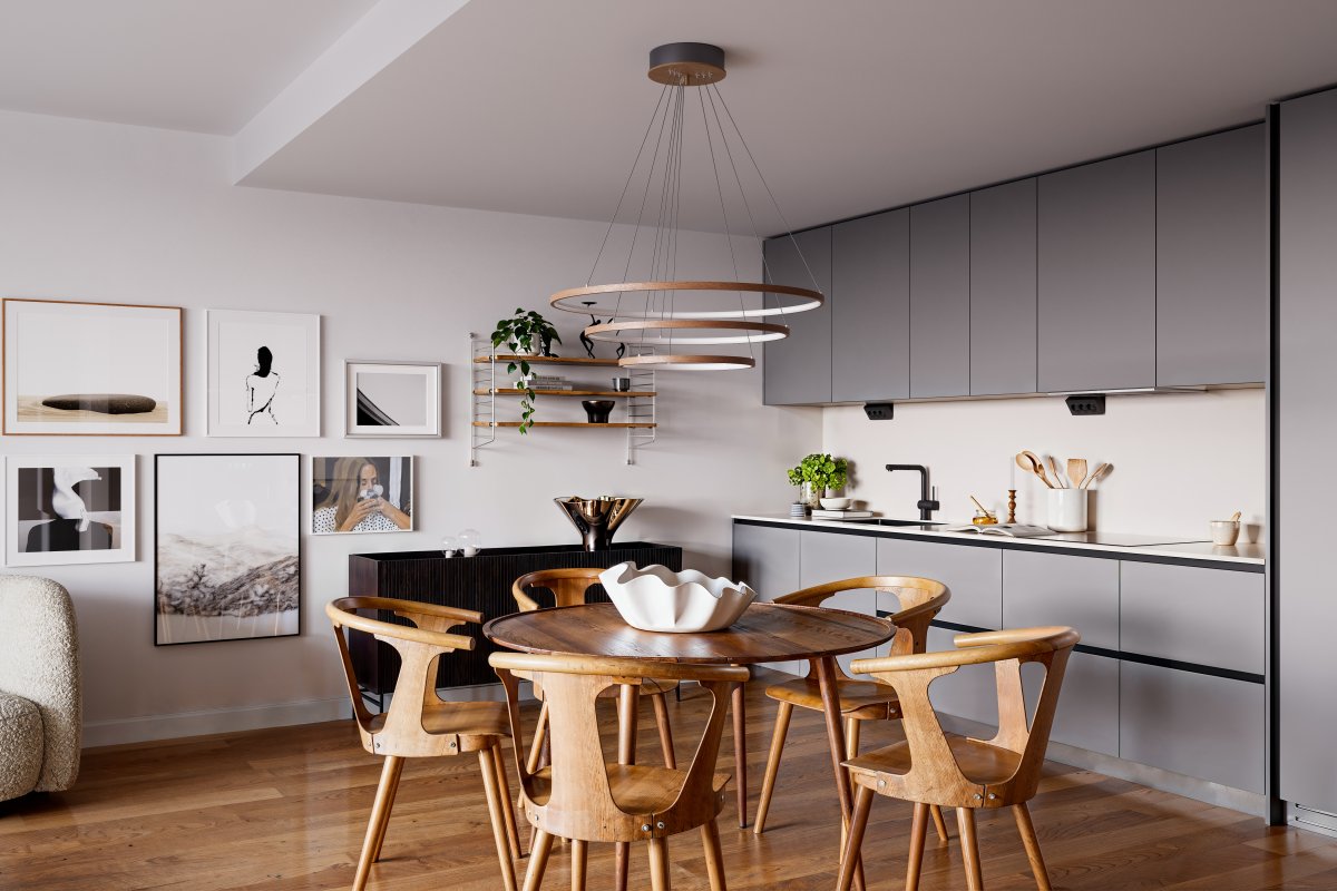 Trione Ø80 Nussbaum hängelampe Von By Rydéns - Jeder Ring (80 cm, 60 cm und 40 cm Durchmesser) l&auml;sst sich mit der Drahthalterung der Leuchte ganz einfach in H&ouml;he und Position verstellen.