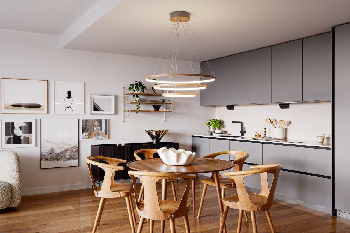 Trione Ø80 Nussbaum hängelampe Von By Rydéns - Jeder Ring (80 cm, 60 cm und 40 cm Durchmesser) l&auml;sst sich mit der Drahthalterung der Leuchte ganz einfach in H&ouml;he und Position verstellen.