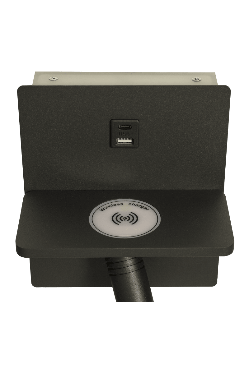 Astor Schwarz leselampe Von Aneta Lighting - Astor verf&uuml;gt au&szlig;erdem &uuml;ber eine praktische Ablage mit kabellosem Ladeger&auml;t f&uuml;r Ihr Mobiltelefon und an der Vorderseite sind zwei USB-Anschl&uuml;sse (USB A und C) angebracht.