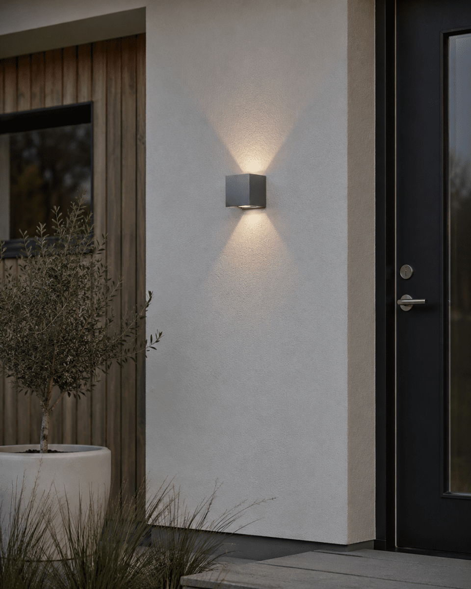 Alu Box 12cm Aluminium wandlampe Von Lampan - Das einzigartige Design erzeugt ein wundersch&ouml;nes Auf- und Ablicht, das sanft an die Wand f&auml;llt und dem Raum eine angenehme und einladende Atmosph&auml;re verleiht.