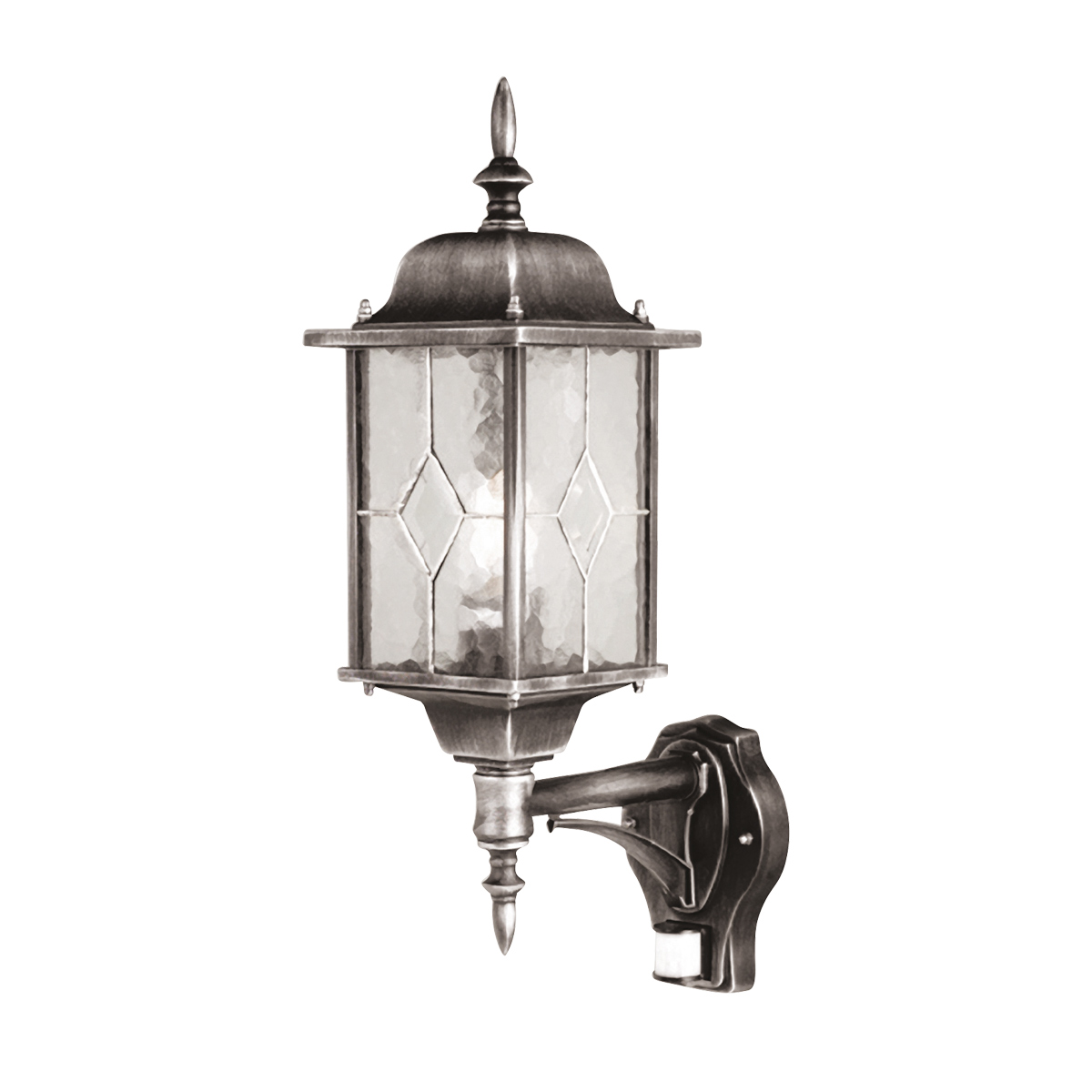 Wexford Silber außenlampe Von Elstead Lighting - Die Leuchte ist mit einem praktischen Bewegungsmelder ausgestattet, der das Licht automatisch einschaltet, sobald sich jemand in einem Umkreis von 1–8 Metern und einem Erfassungswinkel von 120 Grad bewegt.