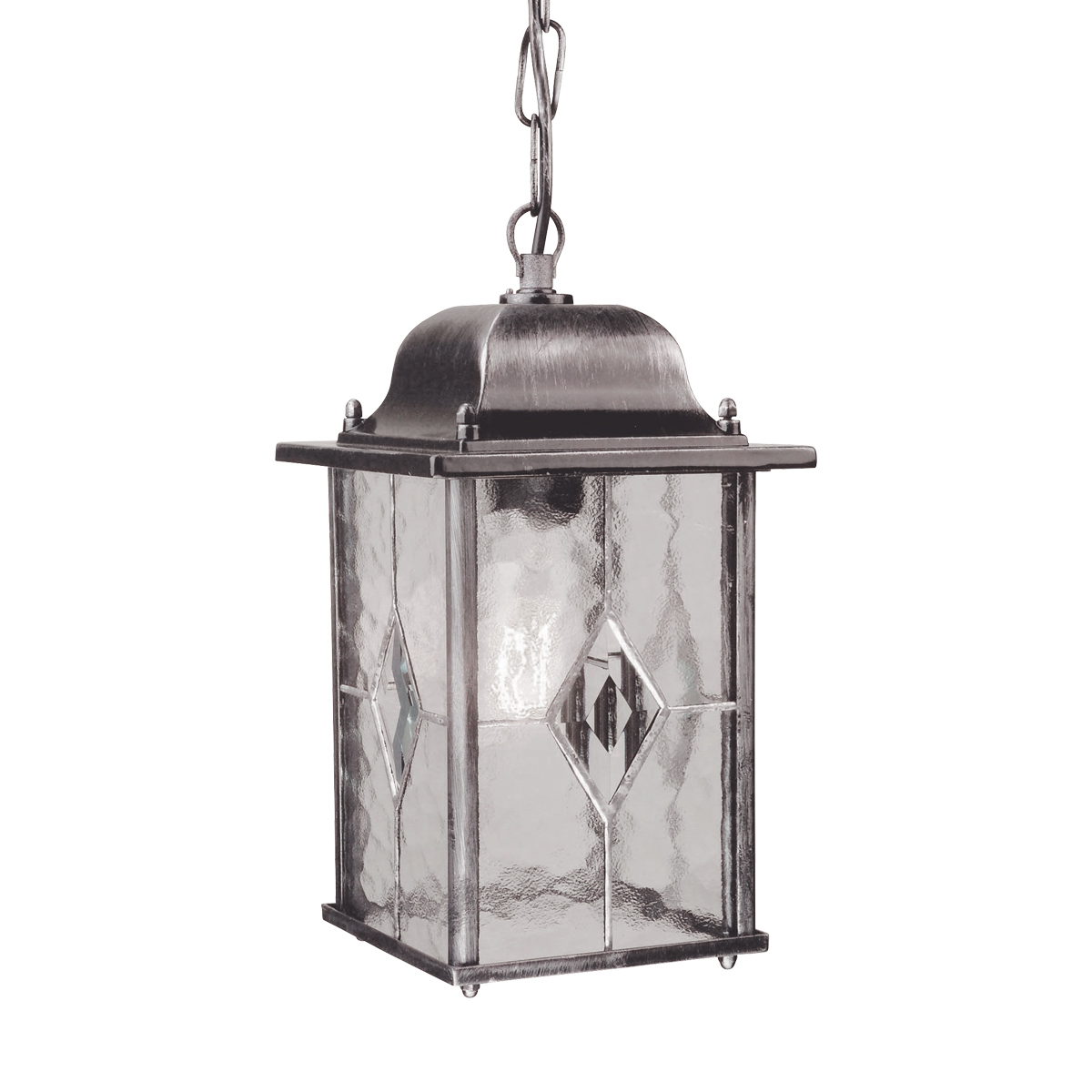Wexford 16cm Silber Von Elstead Lighting - Wexford ist eine klassische Hängelaterne für den Außenbereich aus Aluminium mit einer eleganten, dunkelsilbernen Oberfläche und dekorativen Glaselementen in Bleiglasoptik.