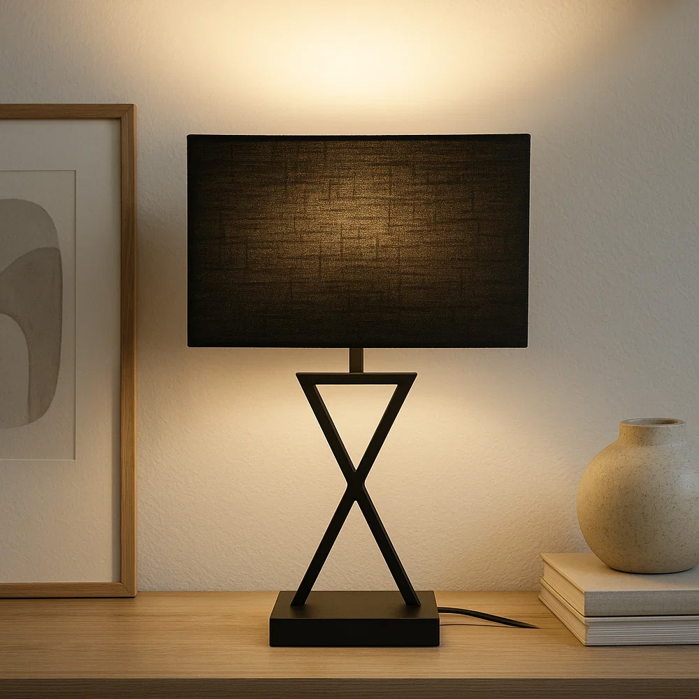 X-factor 54cm Schwarz tischlampe Von Nordic Lighting - Die X-Factor Tischleuchte kombiniert einen modernen, geometrischen Metallsockel in elegantem Schwarz mit einem schwarzen Leinenschirm.
