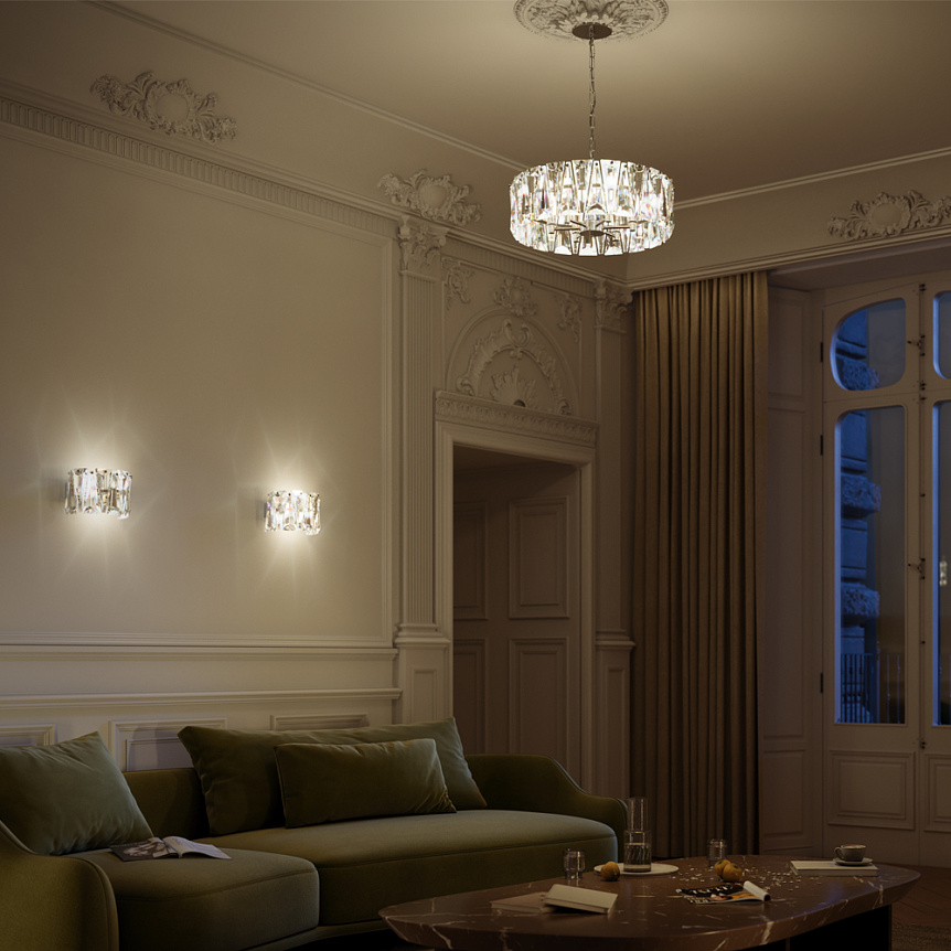 Puntes Ø52 Gold kristall Von Maytoni - Puntes ist ein eleganter Deckenleuchter aus goldfarbenem Metall mit funkelnden Prismen, die die Lichtquellen umgeben und bei eingeschalteter Lampe ein zauberhaftes Lichtspiel erzeugen.